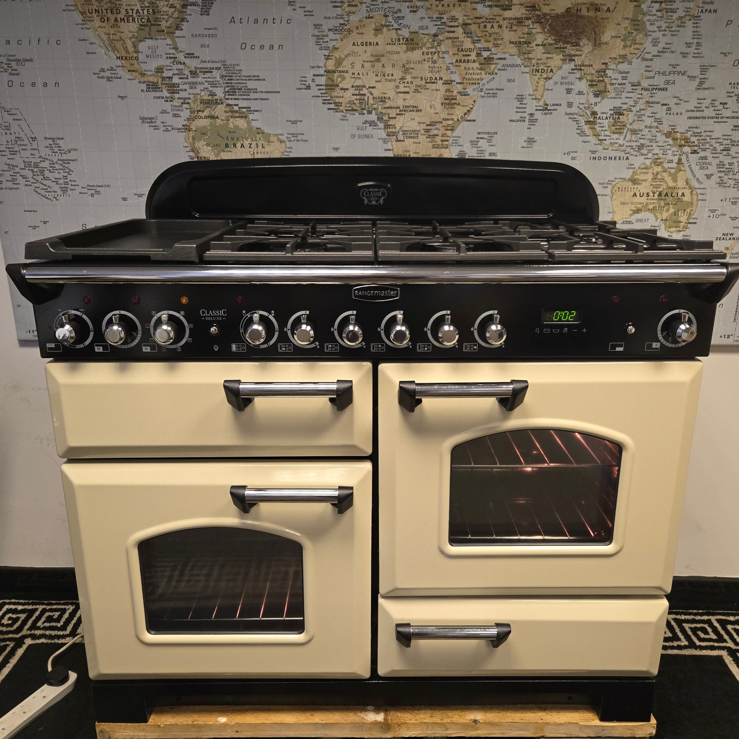 Rangemaster Classic Deluxe Dual Fuel Range Cooker in Cream and Chrome 110cm