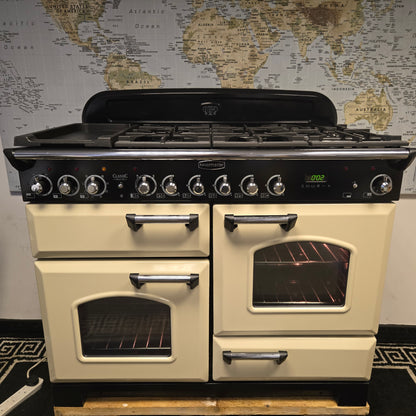 Rangemaster Classic Deluxe Dual Fuel Range Cooker in Cream and Chrome 110cm
