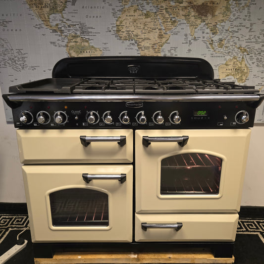 Rangemaster Classic Deluxe Dual Fuel Range Cooker in Cream and Chrome 110cm