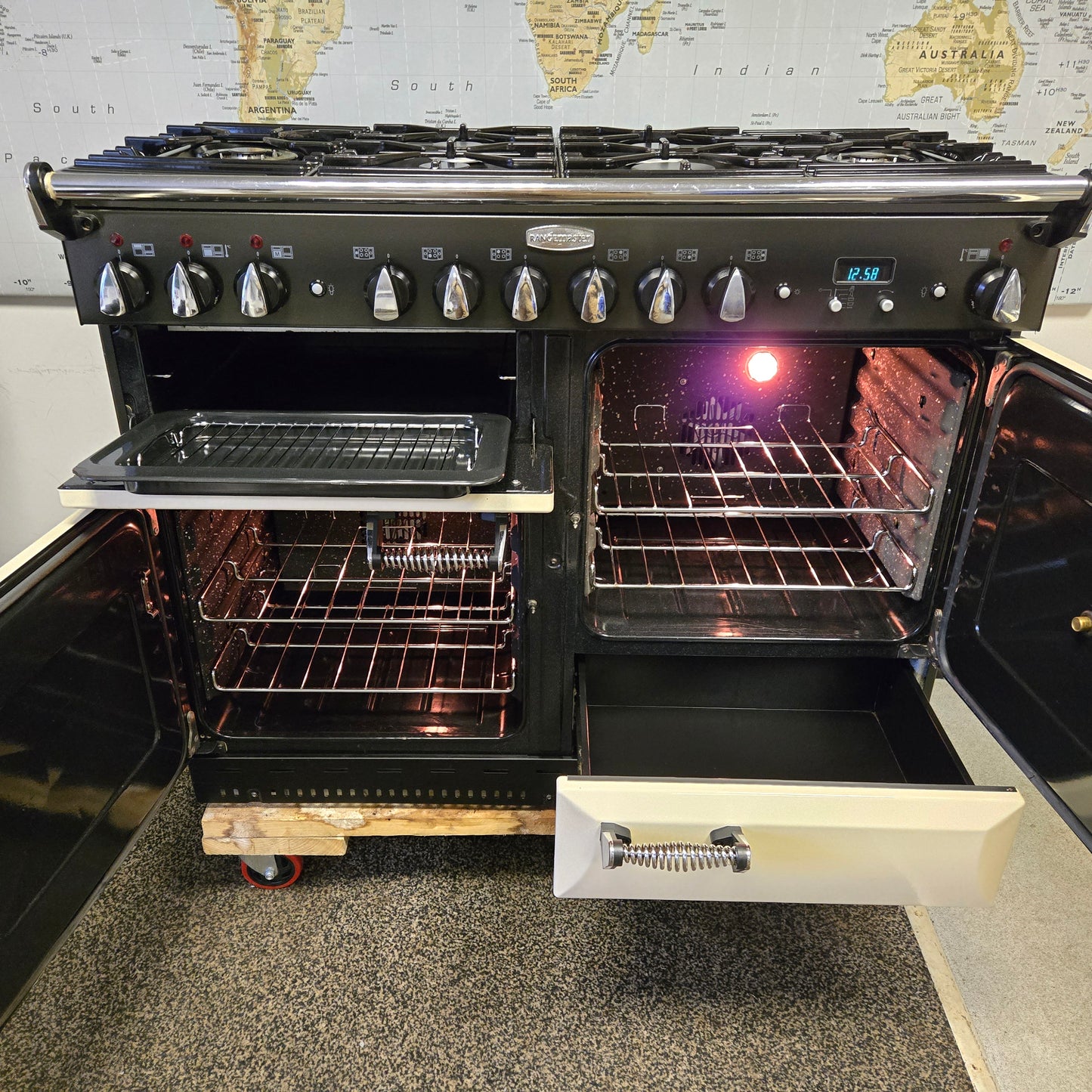 Rangemaster Elan Dual Fuel Range Cooker in Cream and Chrome 110cm