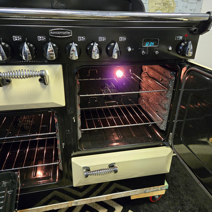 Rangemaster Elan Dual Fuel Range Cooker in Cream and Chrome 110cm