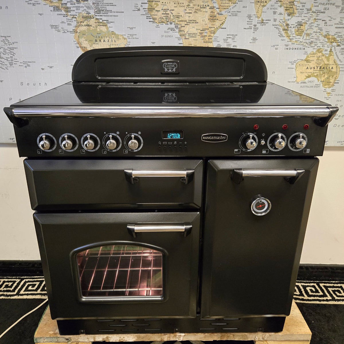 Rangemaster Classic 90 Electric Range Cooker in Black and Chrome 90cm