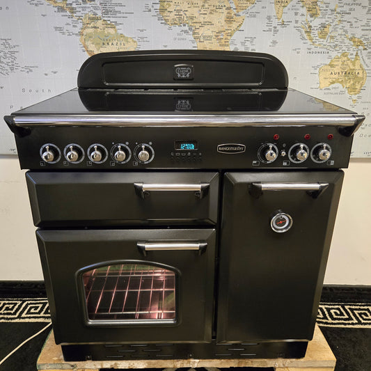 Rangemaster Classic 90 Electric Range Cooker in Black and Chrome 90cm