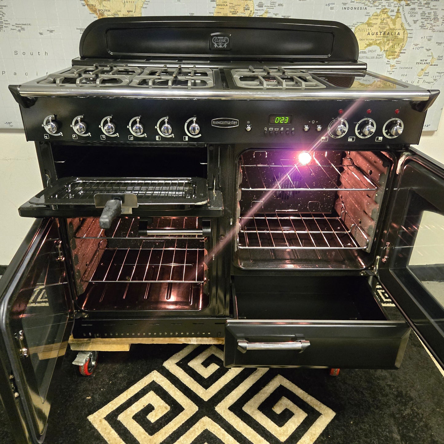 Rangemaster Classic 110 Dual Fuel Range Cooker in Black and Chrome 110cm