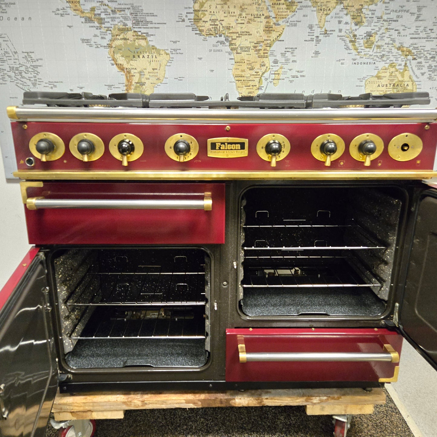 Falcon Gas Range Cooker in Burgundy Red with a Brass Trim 110cm
