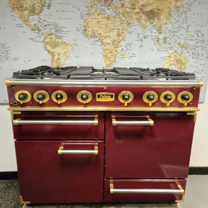 Falcon Gas Range Cooker in Burgundy Red with a Brass Trim 110cm