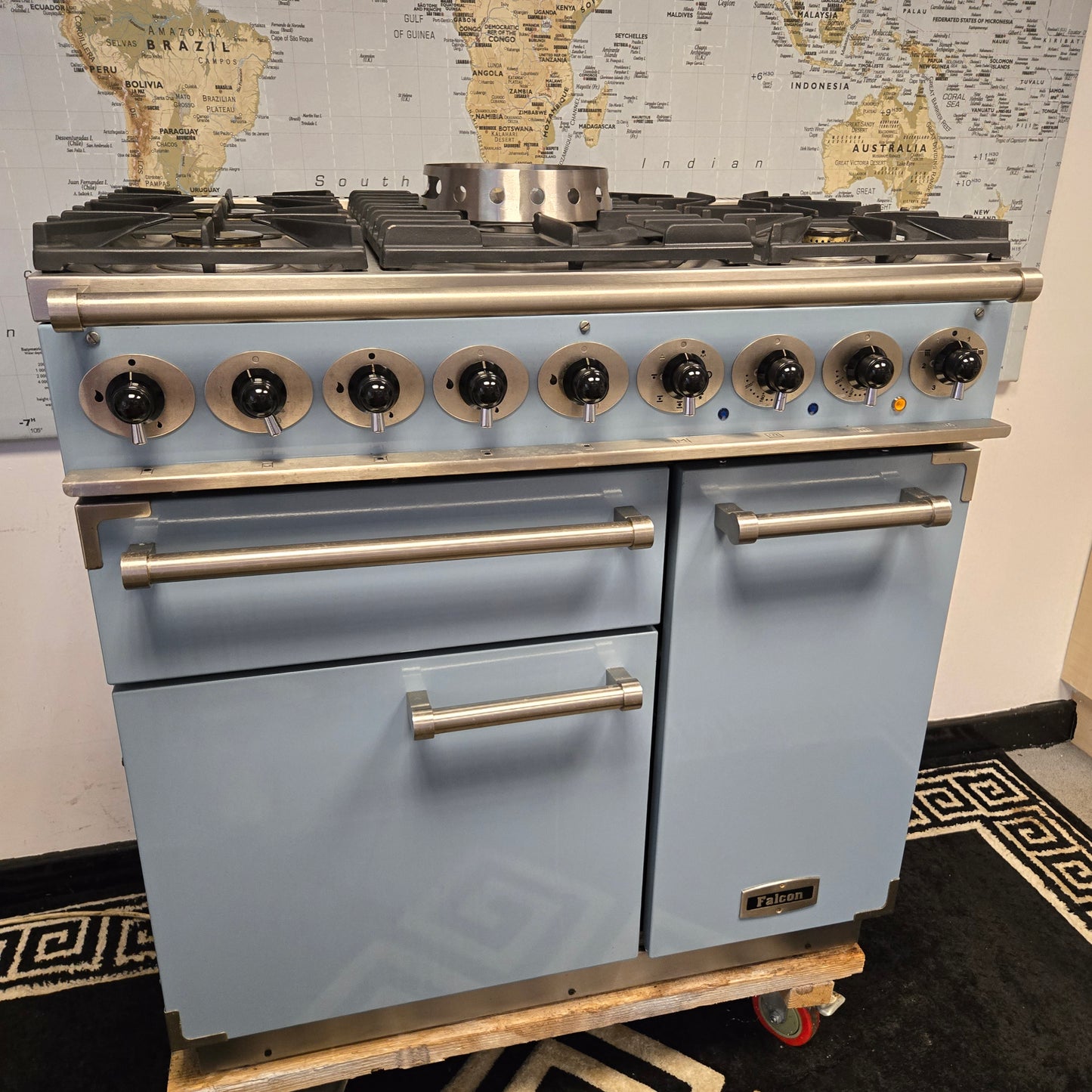 Falcon Deluxe 900 Dual Fuel Range Cooker in Skye Blue 90cm