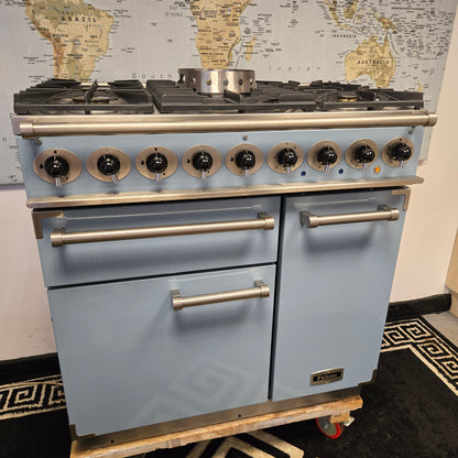 Falcon Deluxe 900 Dual Fuel Range Cooker in Skye Blue 90cm