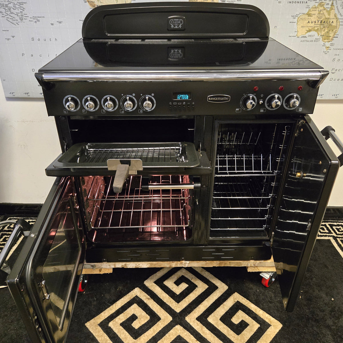 Rangemaster Classic 90 Electric Range Cooker in Black and Chrome 90cm
