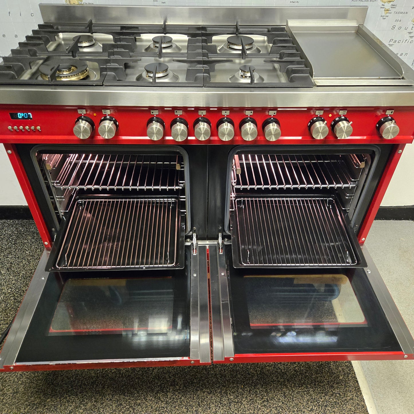 Britannia Delphi Dual Fuel Range Cooker with matching Hood in Red 120cm