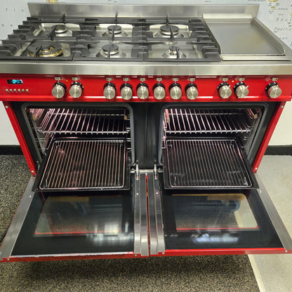 Britannia Delphi Dual Fuel Range Cooker with matching Hood in Red 120cm