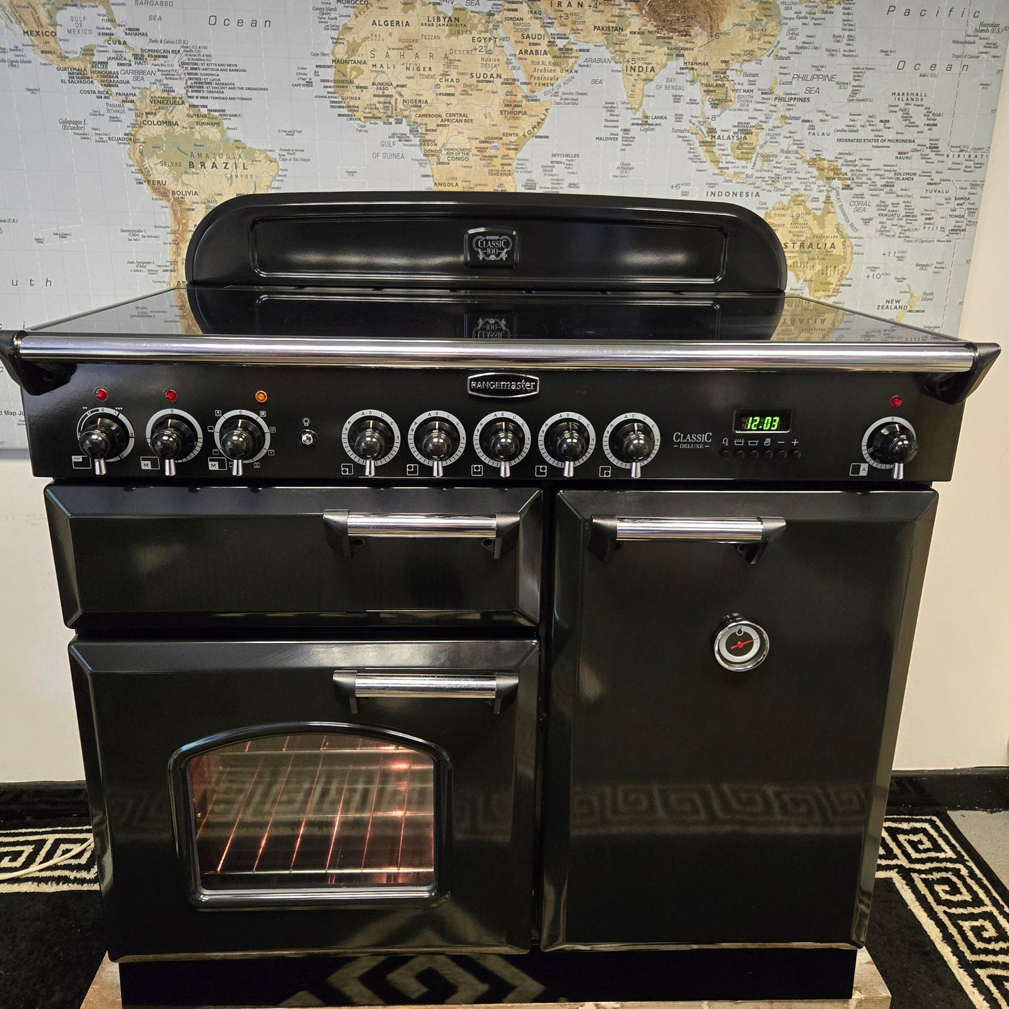 Rangemaster Classic Deluxe Induction Range Cooker in Black with a Chrome Trim 100cm