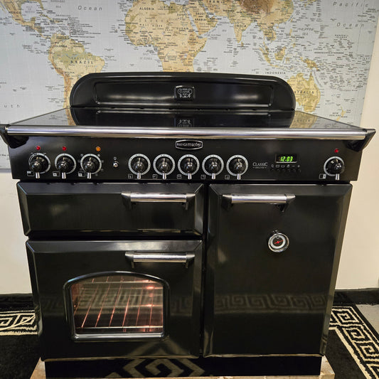 Rangemaster Classic Deluxe Induction Range Cooker in Black with a Chrome Trim 100cm
