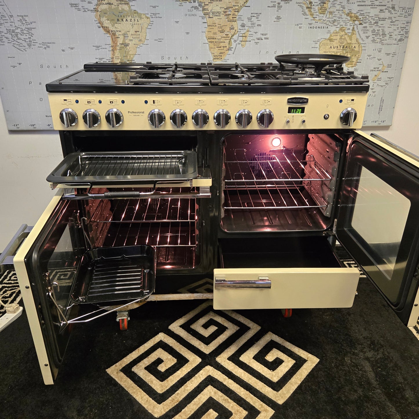 Rangemaster Professional Deluxe Dual Fuel Range Cooker in Cream and Chrome 110cm