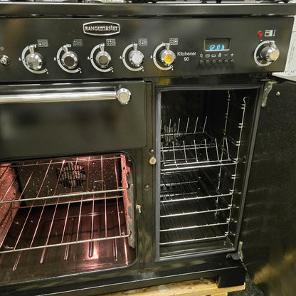 Rangemaster Kitchener Dual Fuel Range Cooker in Black and Chrome 90cm