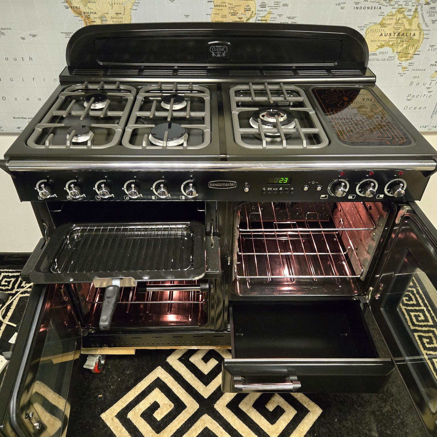 Rangemaster Classic 110 Dual Fuel Range Cooker in Black and Chrome 110cm