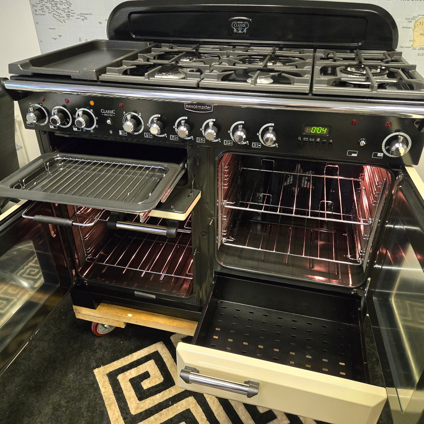 Rangemaster Classic Deluxe Dual Fuel Range Cooker in Cream and Chrome 110cm
