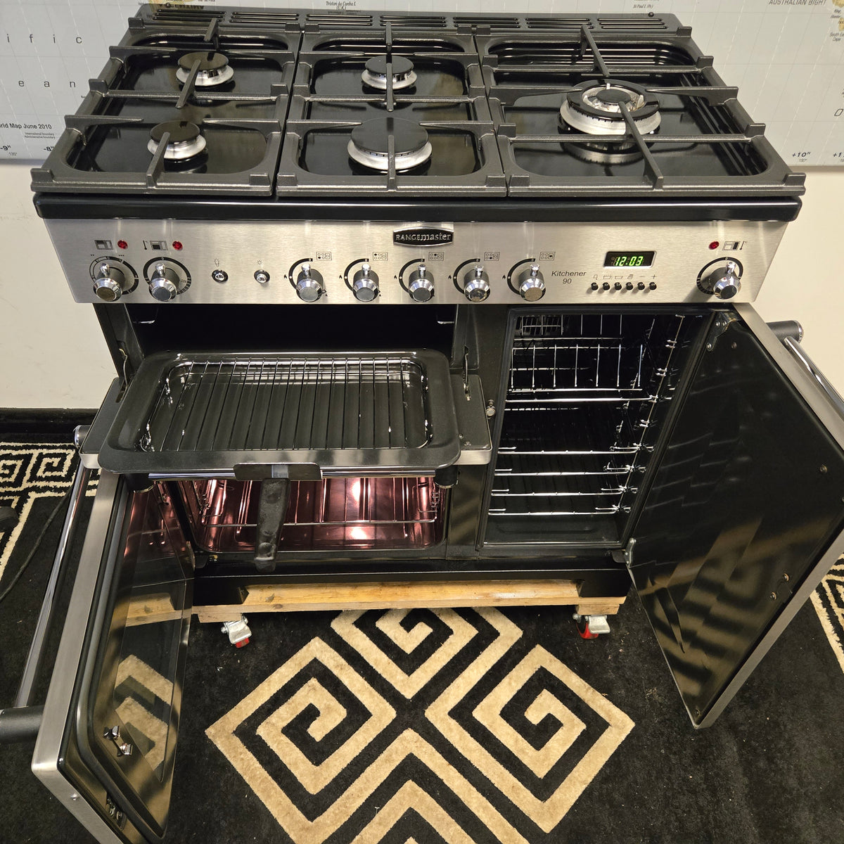 Rangemaster Kitchener Dual Fuel Range Cooker Stainless Steel 90cm