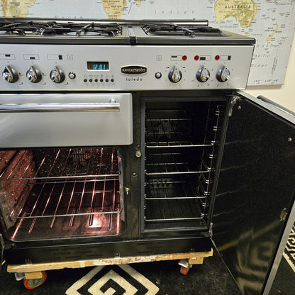 Rangemaster Toledo Dual Fuel Range Cooker in Silver with a Chrome Trim 90cm