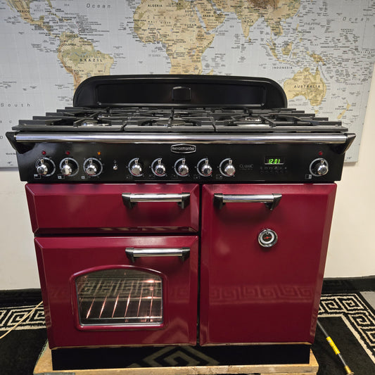 Rangemaster Classic Deluxe Dual Fuel Range Cooker in Cranberry Red 100cm