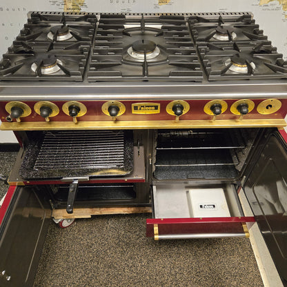 Falcon Gas Range Cooker in Burgundy Red with a Brass Trim 110cm