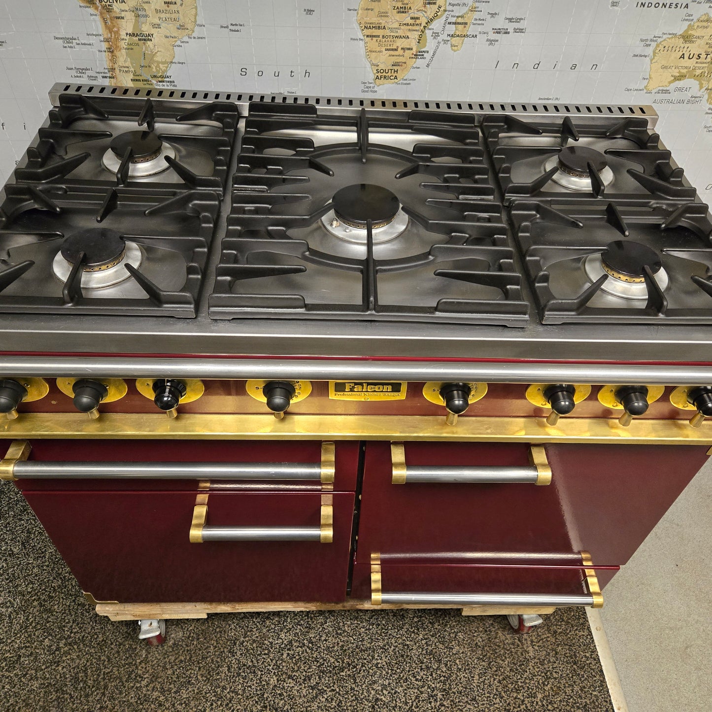 Falcon Gas Range Cooker in Burgundy Red with a Brass Trim 110cm