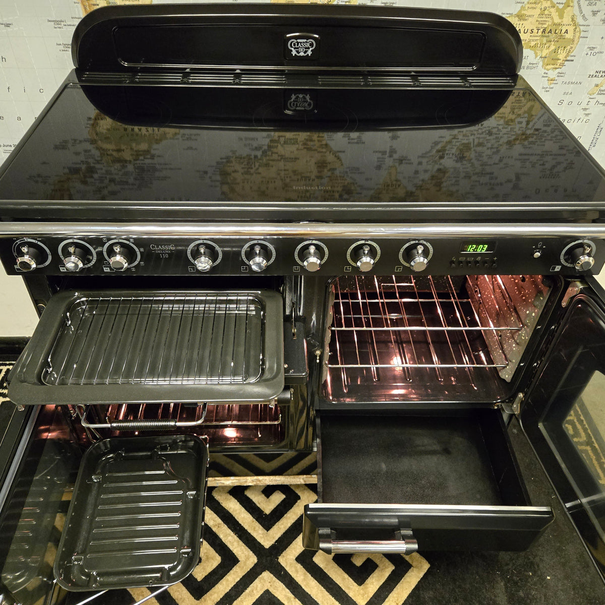Rangemaster Classic Deluxe Induction Range Cooker in Black and Chrome 110cm