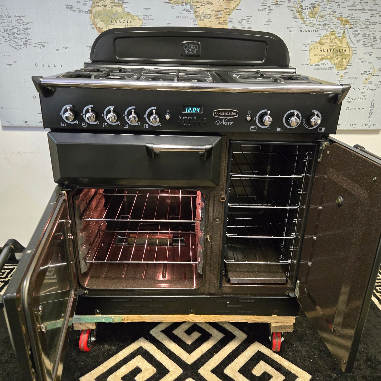 Rangemaster Classic Noir Gas Range Cooker in Black with a Chrome Trim 90cm
