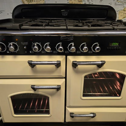 Rangemaster Classic Deluxe Dual Fuel Range Cooker in Cream and Chrome 110cm