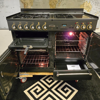 Rangemaster 110 Dual Fuel Range Cooker in Black 110cm with a Lid / Splashback