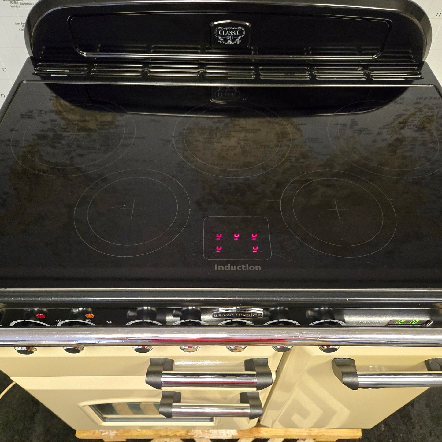 Rangemaster Classic Deluxe Induction Range Cooker in Cream and Chrome 90cm