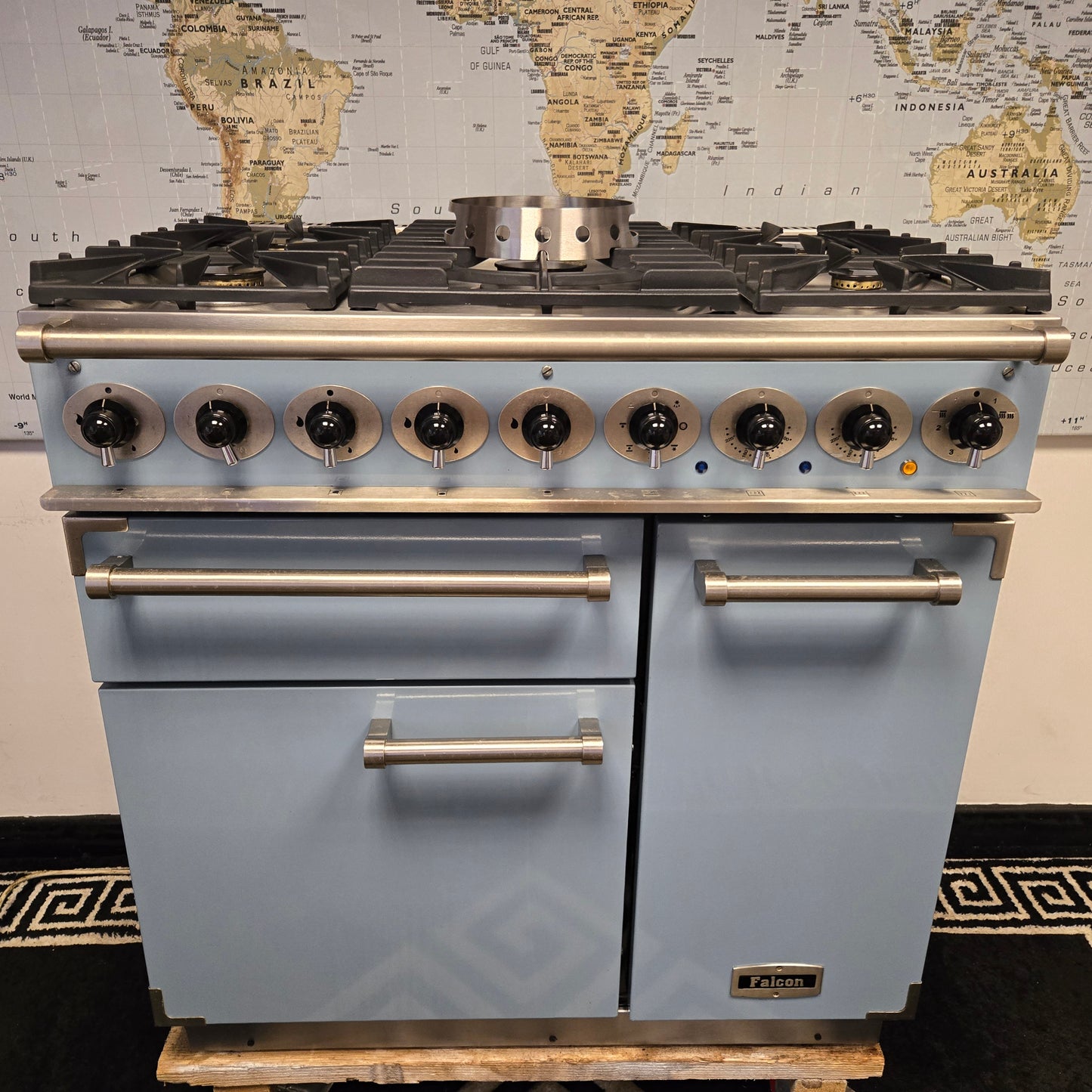 Falcon Deluxe 900 Dual Fuel Range Cooker in Skye Blue 90cm
