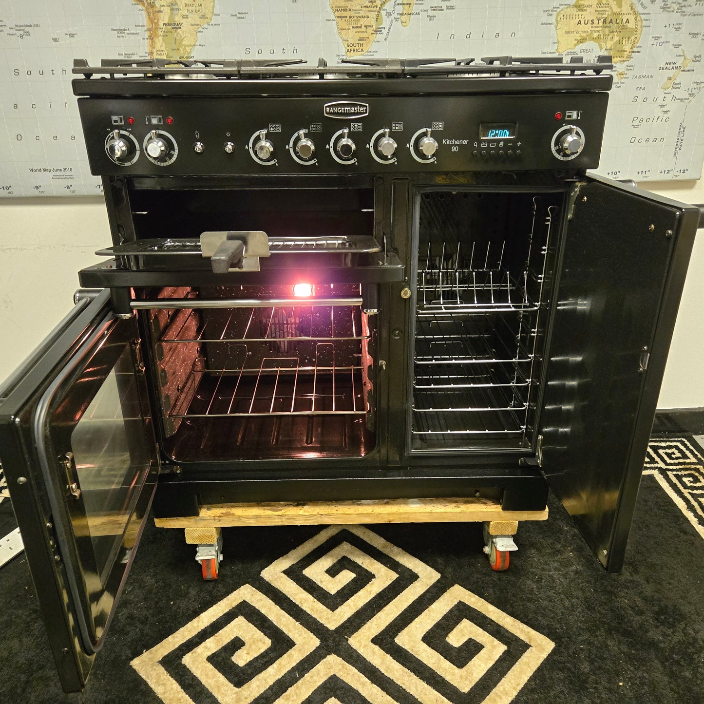 Rangemaster Kitchener Dual Fuel Range Cooker in Black and Chrome 90cm