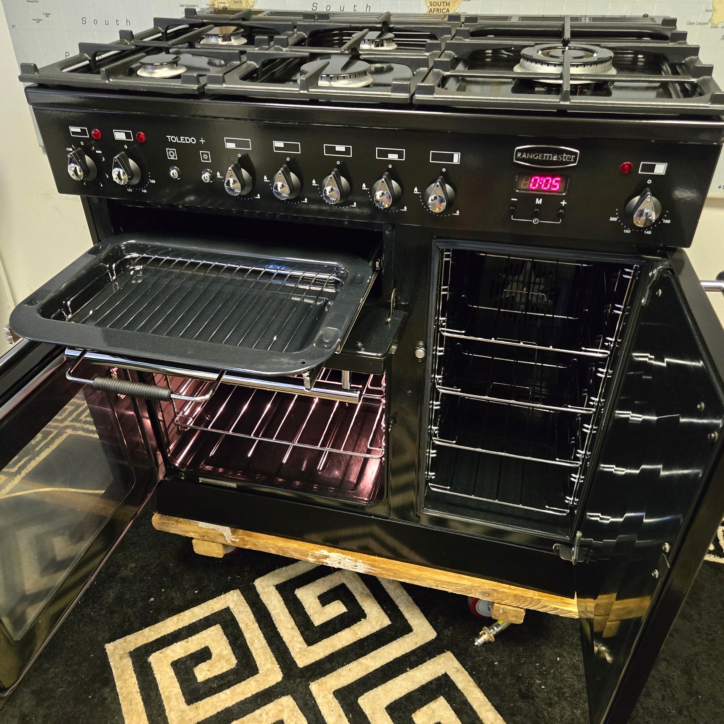 Rangemaster Toledo Plus Dual Fuel Range Cooker in Black and Chrome 90cm