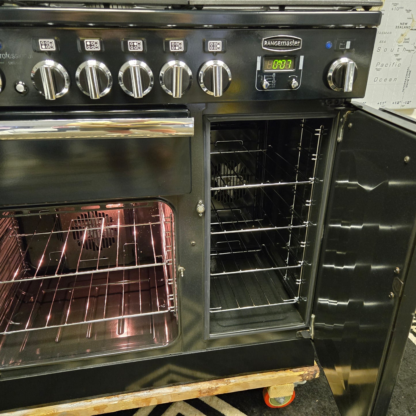 Rangemaster Professional Deluxe Dual Fuel Range Cooker in Black and Chrome 90cm