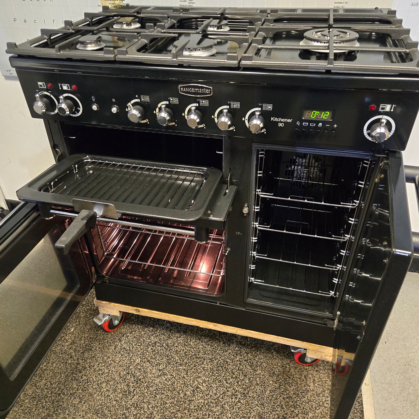 Rangemaster Kitchener Dual Fuel Range Cooker in Black 90cm