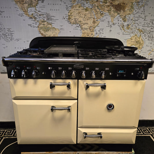 Rangemaster Elan Dual Fuel Range Cooker in Cream and Chrome 110cm
