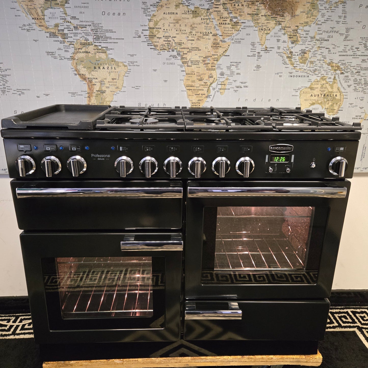 Rangemaster Professional Deluxe Dual Fuel Range Cooker in Black with a Chrome Trim 110cm