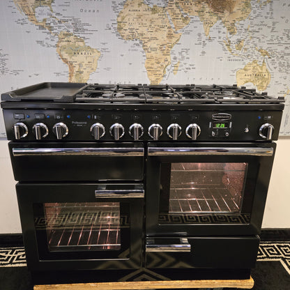 Rangemaster Professional Deluxe Dual Fuel Range Cooker in Black with a Chrome Trim 110cm