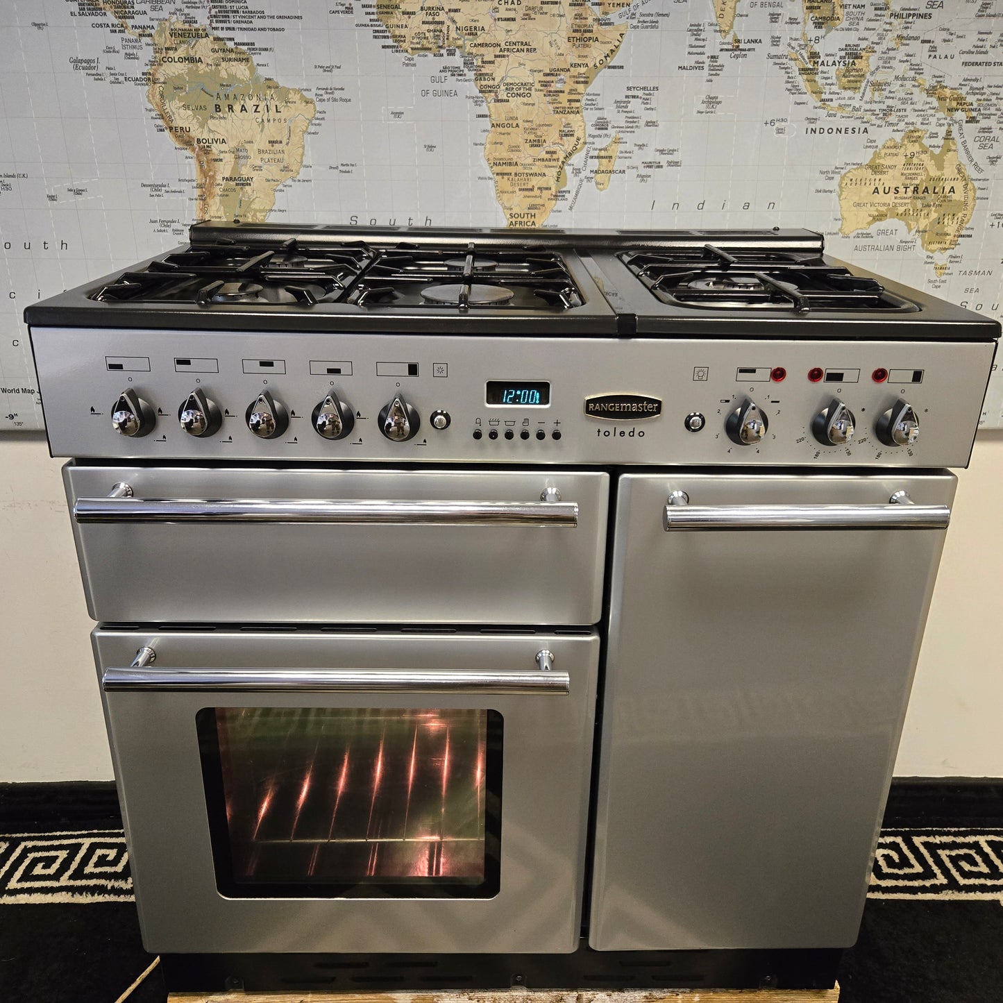 Rangemaster Toledo Dual Fuel Range Cooker in Silver with a Chrome Trim 90cm
