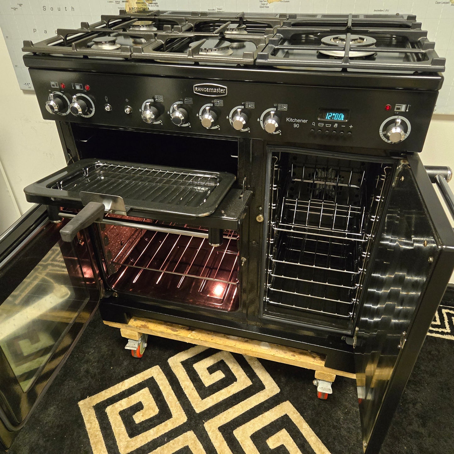 Rangemaster Kitchener Dual Fuel Range Cooker in Black and Chrome 90cm