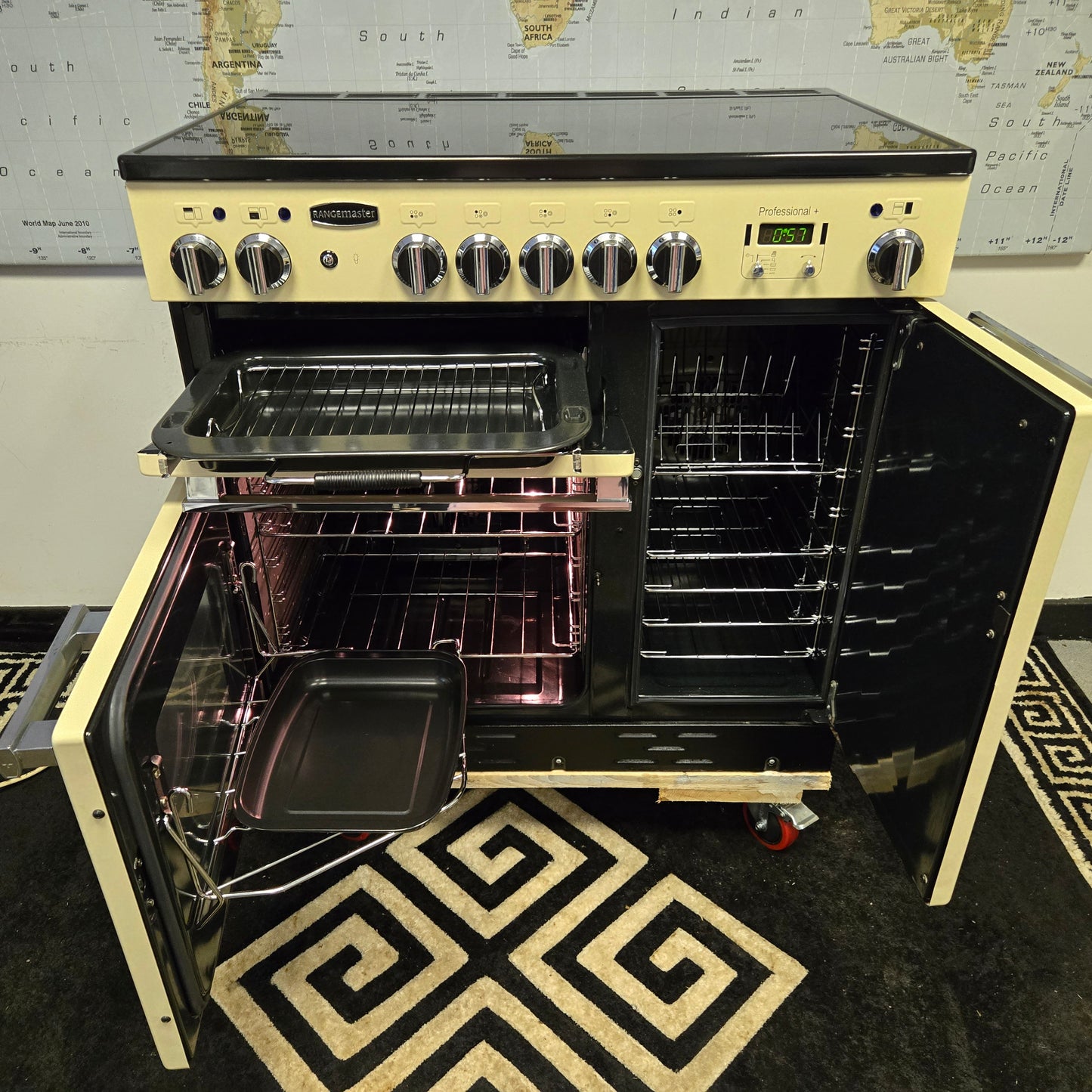 Rangemaster Professional Plus Electric Range Cooker in Cream with a Chrome Trim 90cm