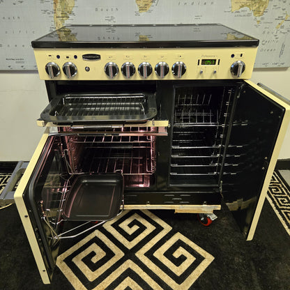 Rangemaster Professional Plus Electric Range Cooker in Cream with a Chrome Trim 90cm