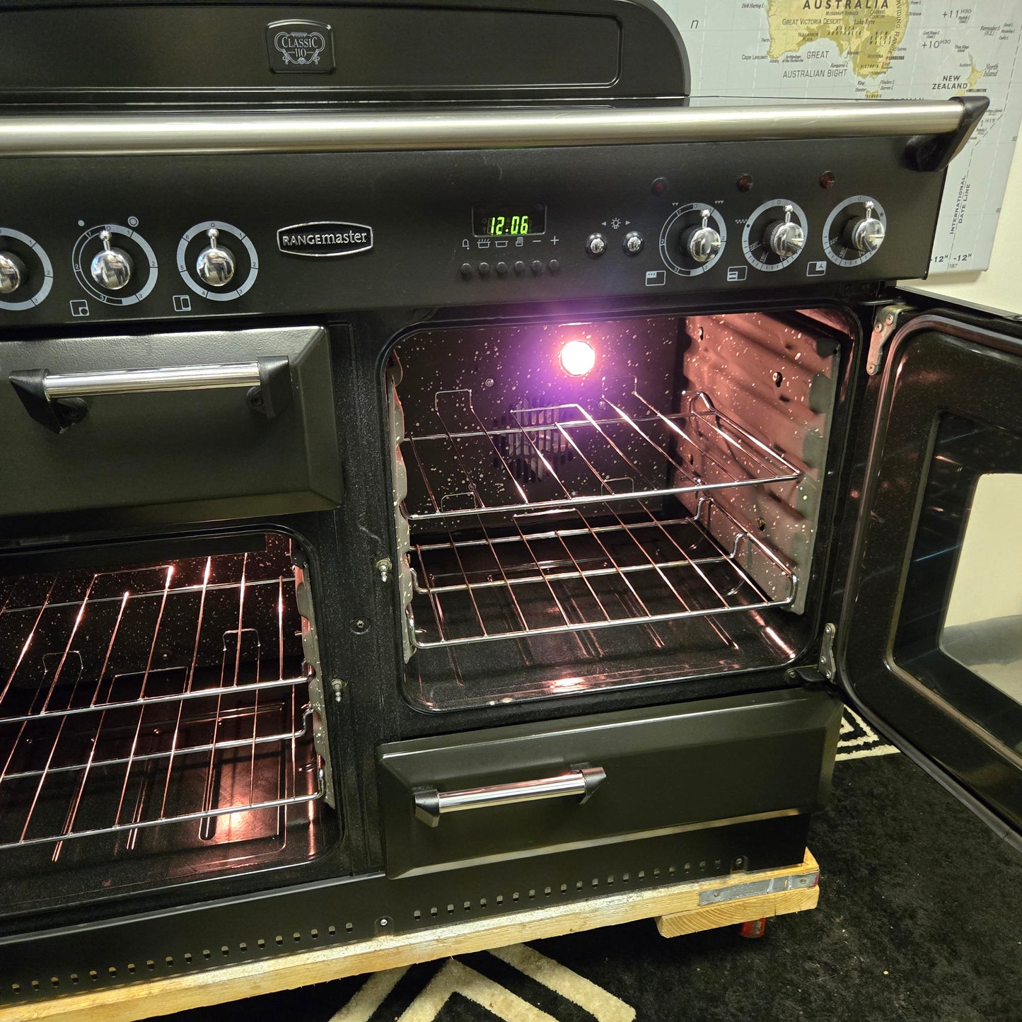 Rangemaster Classic Electric Range Cooker in Black with a Chrome Trim 110cm