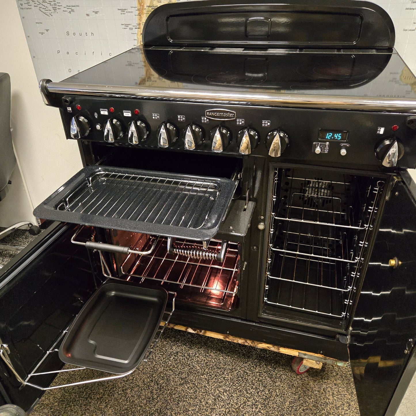 Rangemaster Elan Electric Range Cooker in Black with a Chrome Trim 90cm