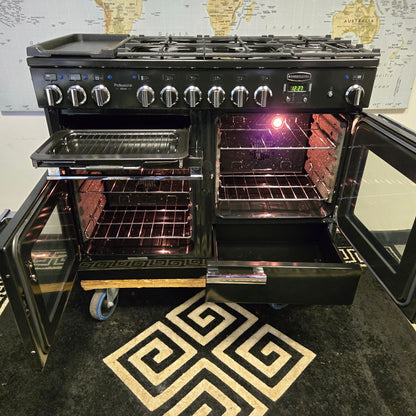 Rangemaster Professional Deluxe Dual Fuel Range Cooker in Black with a Chrome Trim 110cm