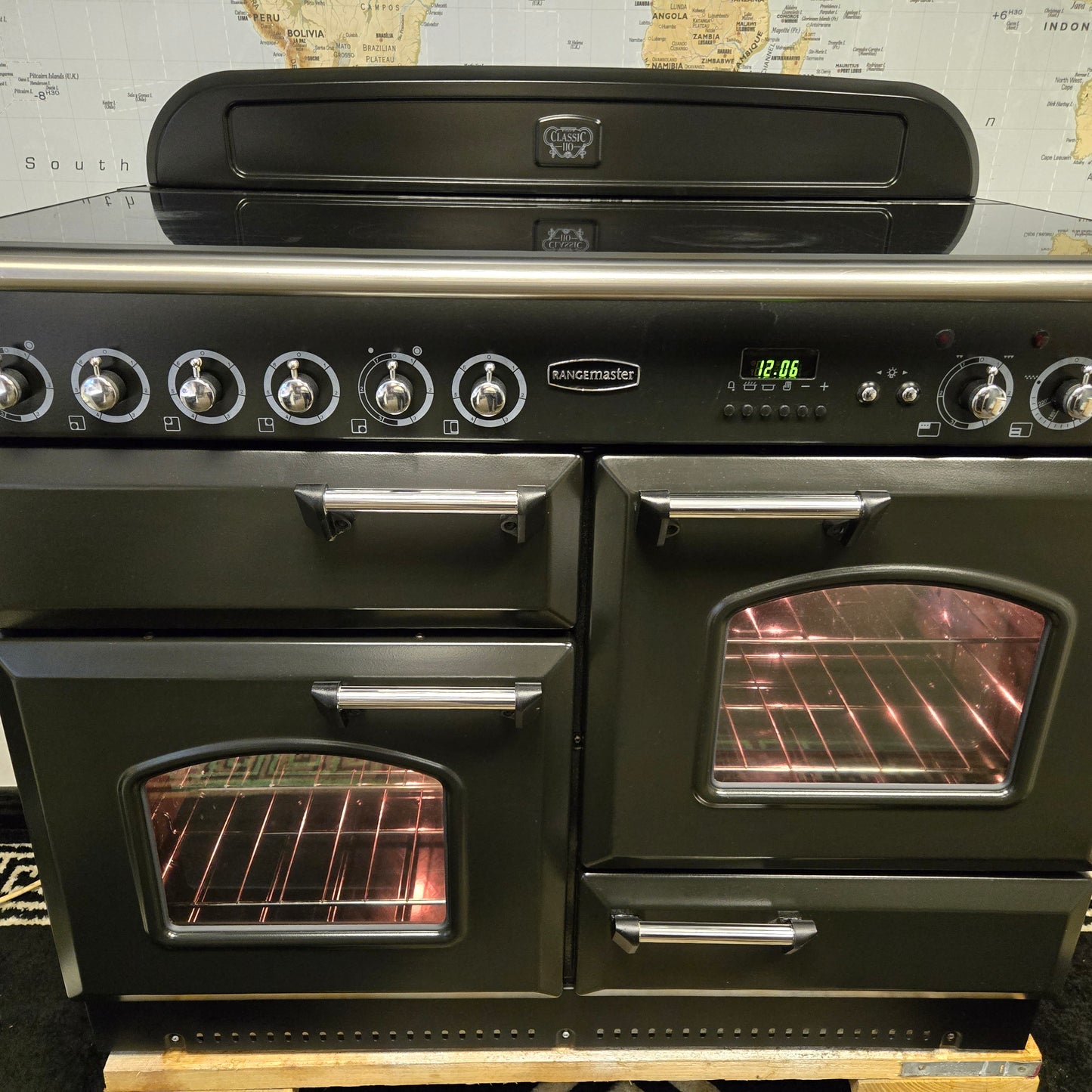 Rangemaster Classic Electric Range Cooker in Black with a Chrome Trim 110cm