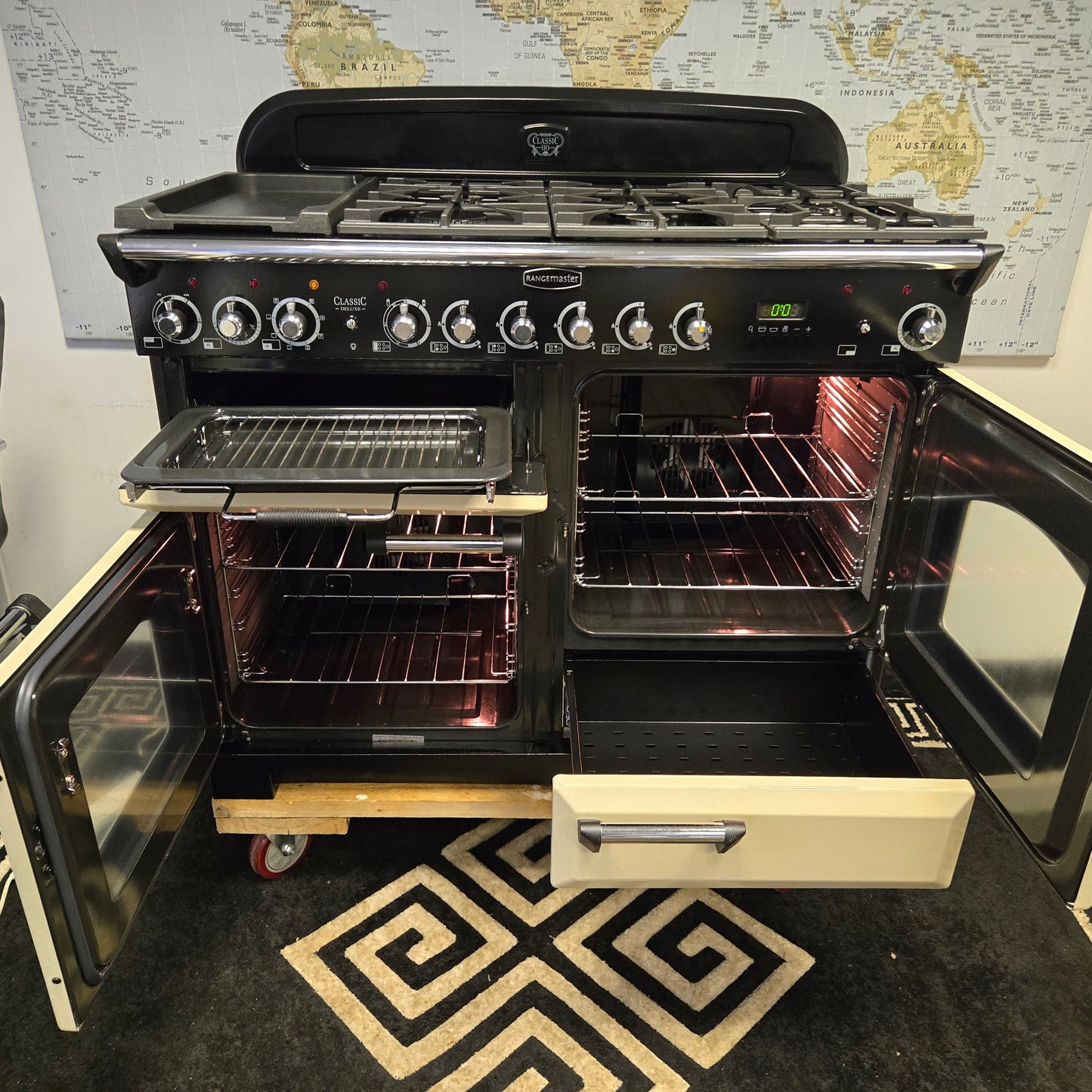 Rangemaster Classic Deluxe Dual Fuel Range Cooker in Cream and Chrome 110cm