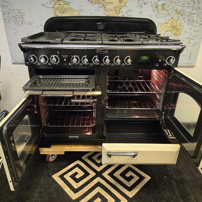 Rangemaster Classic Deluxe Dual Fuel Range Cooker in Cream and Chrome 110cm
