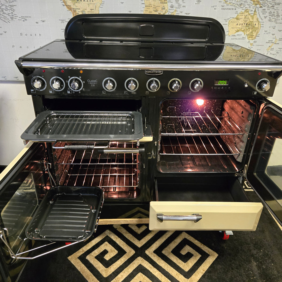 Rangemaster Classic Deluxe Induction Range Cooker in Cream and Chrome 110cm